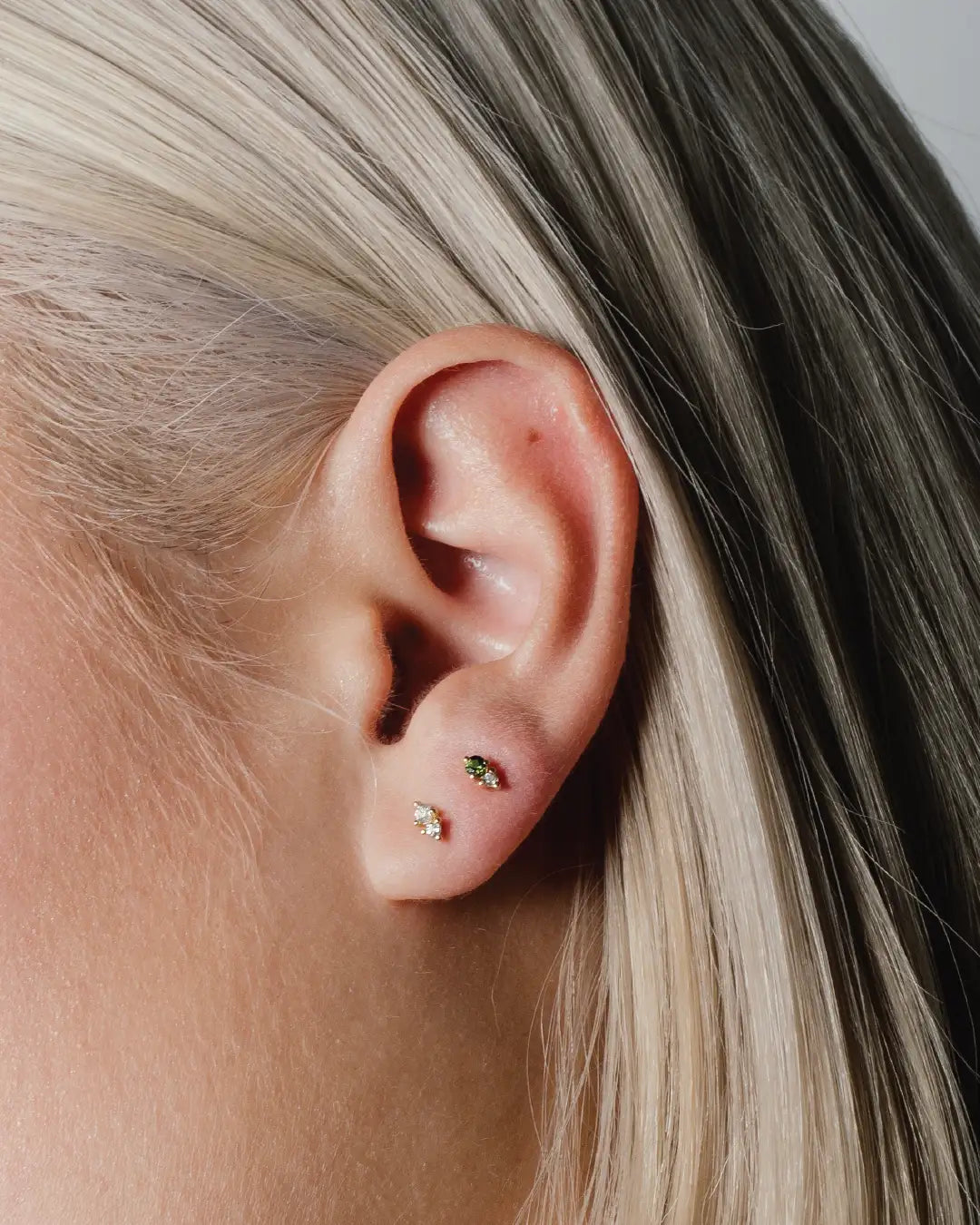 heroyne - Double Stud - 9k Solid Gold - Single - green gemstone - white gemstone - earring with Gemstone - unique earstuds