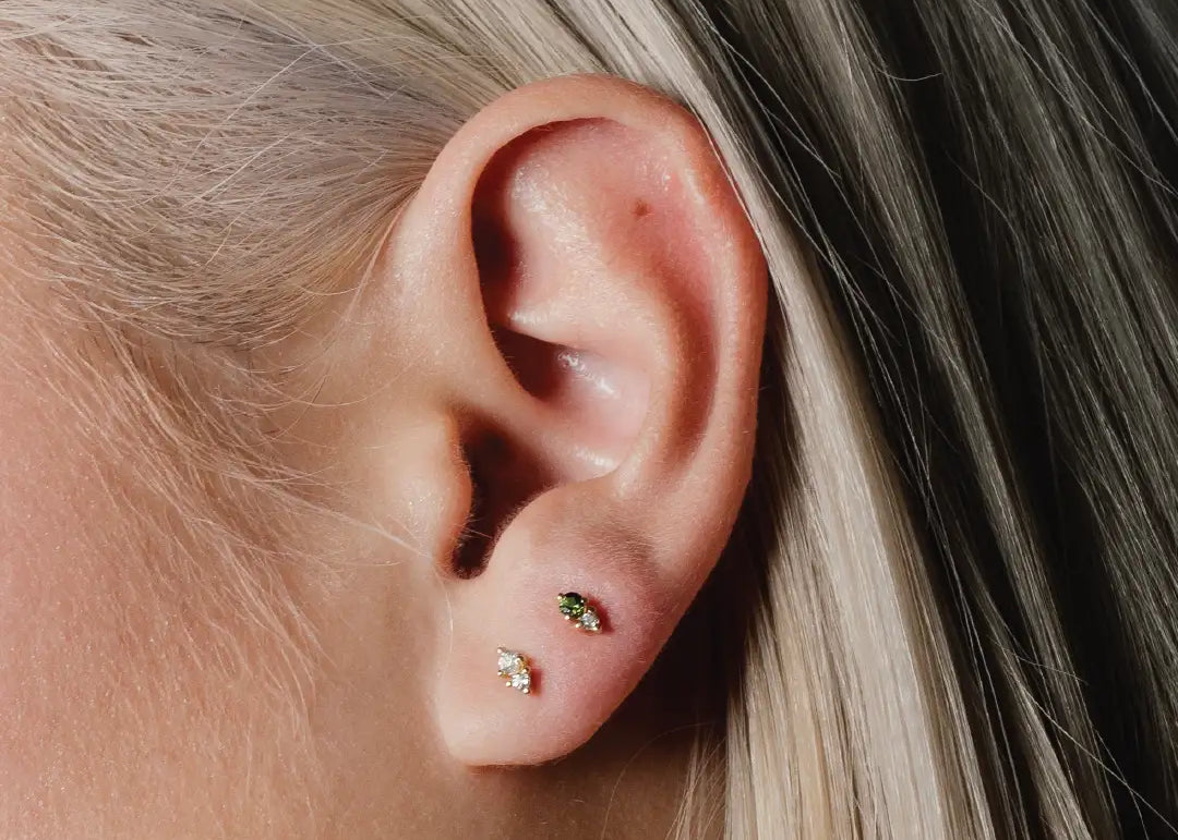heroyne - Double Stud - 9k Solid Gold - Single - green gemstone - white gemstone - earring with Gemstone - unique earstuds
